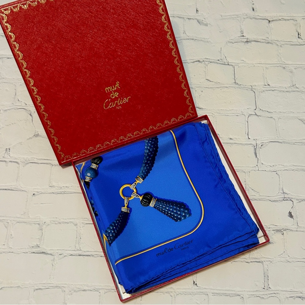Cartier Blue Silk Scarf In Box With COA - Gorgeous EUC (32.5” x 32.5”) - Picture 2 of 8